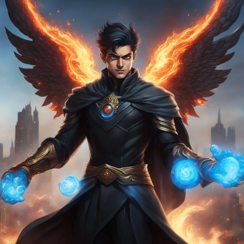 A 25 years boy persian in matte black robes with flaming eyes with grin with flaming light blue pupils stands atop a squire Two infinity gauntlets contain six infinity stones, one of which is made with nano In the hands of a powerful man walking While standing on a majestic height from afar With two big wings