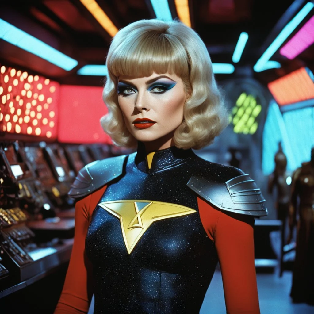 A vibrant, hyper-saturated 35mm film still from a lost 1970s Star Trek episode, directed by Ken Russell in a high-steroid, hallucinatory fervor. The young blonde Madonna with pixie haircut, and war tattoos reimagined as a defiant Klingon icon, stands in the cluttered, dimly lit, neon-washed Engineering section of a Klingon Bird-of-Prey. She wears rugged, black and red Klingon engineering underwear and harness (ribbed textures, leather, metal clasps), revealing her muscular, powerful physique. Sh