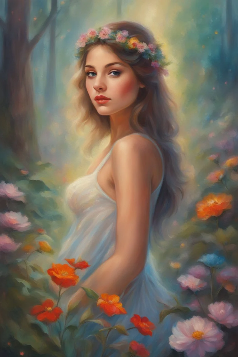 Oil painting of a beautiful girl, fantasy, dream, forest, glitter background, beautiful, oil painting, fantasy art, fairy, young girl, beautiful portrait painting, flowers, colorful, inspired by Thomas Kinkade, fine art, 8k