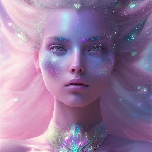 one big crystal glitter pink blue subtle galactic fairy in a galactic ambiance,glitter long blond hair down to the ground,transparent petals,blue eyes,delicate colors in the foreground, full of details, smooth，soft pink violet light atmosphere, light effect，vaporwave colorful, concept art, smooth, extremely sharp detail, finely tuned detail, ultra high definition, 8 k, unreal engine 5, ultra sharp focus