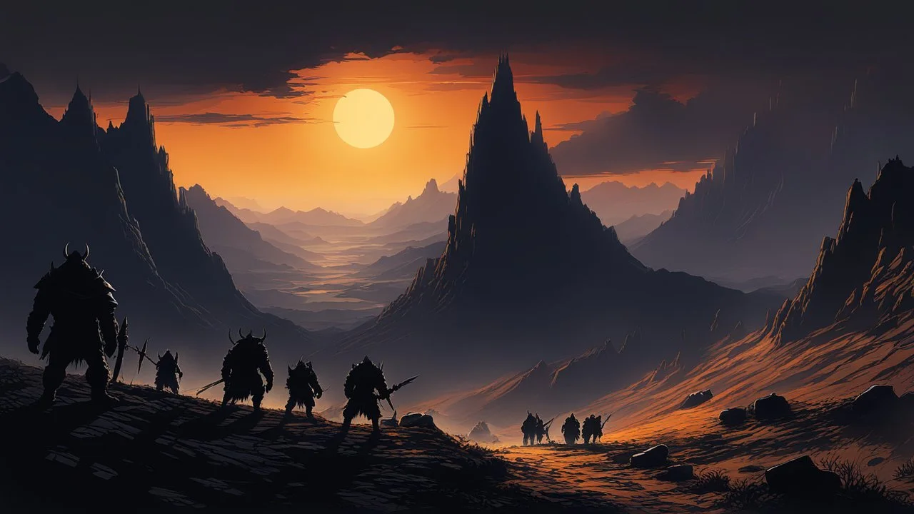 As the sun dipped below the horizon, casting long shadows across the rugged landscape, the Orcs' in the distance like a malevolent beacon. The air was thick with the acrid scent and the harsh sound of guttural laughter carried on the wind, sending shivers down the spines of those who dared to draw near.The Orcs, dark silhouettes , seemed to revel in their cruel merriment, their rough voices blending with the distant cries of prisoners, muffled and faint.