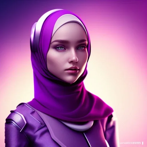 Cute girl face in hijab, Sci-fi character, purple backlight, pink and purple, scifi suit, profile, purple background, pink lighting