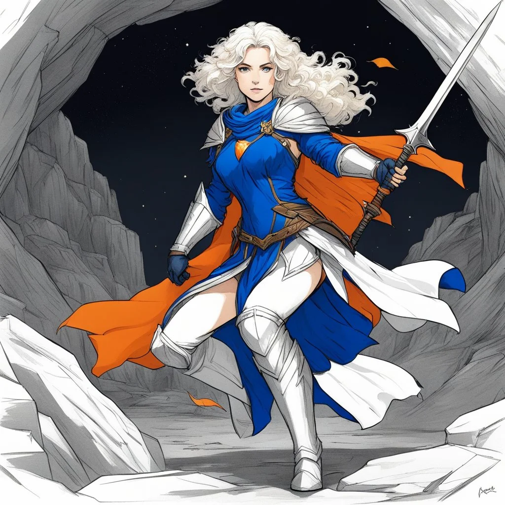 Aria, by Weyland: blonde warrior, white curly hair, with a revealing blue tunic holds a lance with an orange flag, she is crouching cavern Record of Lodoss War style, Linework: Expressive, expressive black ink line art with variable stroke weights. Crisp contours define silhouettes while fine hatching adds subtle depth and form.