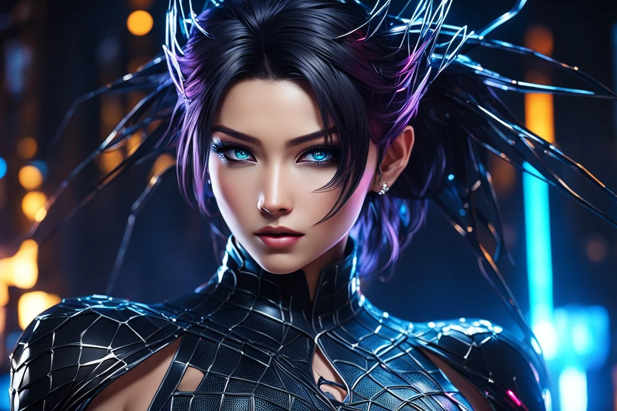 Hot madam web in 8k solo leveling shadow artstyle, spider costum, eyes cover, dynamic pose, oshare kei, hurufiyya, rtx , neon lights, intricate details, highly detailed, high details, detailed portrait, masterpiece,ultra detailed, ultra quality