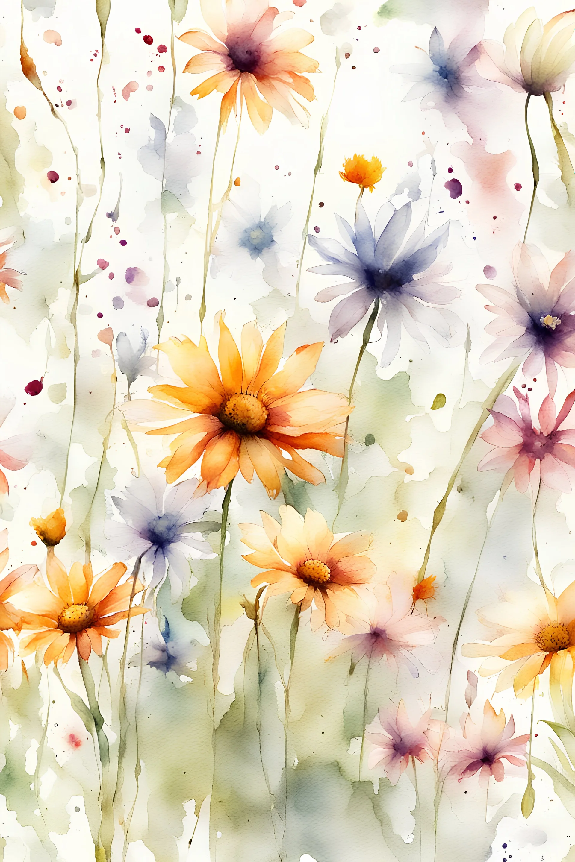 Ultra detailed runny water color painting of summer Flowers, realistic tones, with some splatters on a white background
