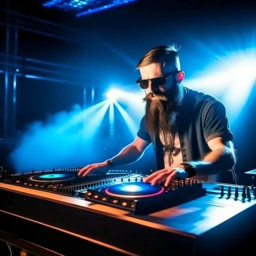 Dance hall ,dj play ,laser lights, l, beard DJ play music with DJ desk,smoke