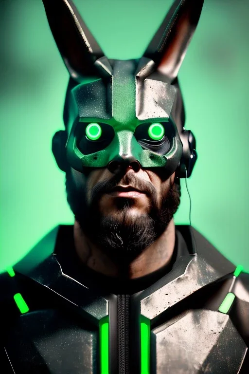 Medium Close Up Portrait, Front image. cyborg, cyberpunk, rabbit mask, strong man, long hair and beard. latex suit army, leds. Green, black, color. camouflage style. Color background, photo studio. highly detailed, concept art, smooth, unreal engine 5, ray tracing, RTX, lumen lighting, ultra detail, volumetric lighting, 3d, finely drawn, high definition, high resolution.