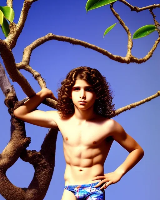 beautiful 12 year old arabic boy with long, curly hair and light blue eyes,shirtless, in front of a distant mango tree, speedos