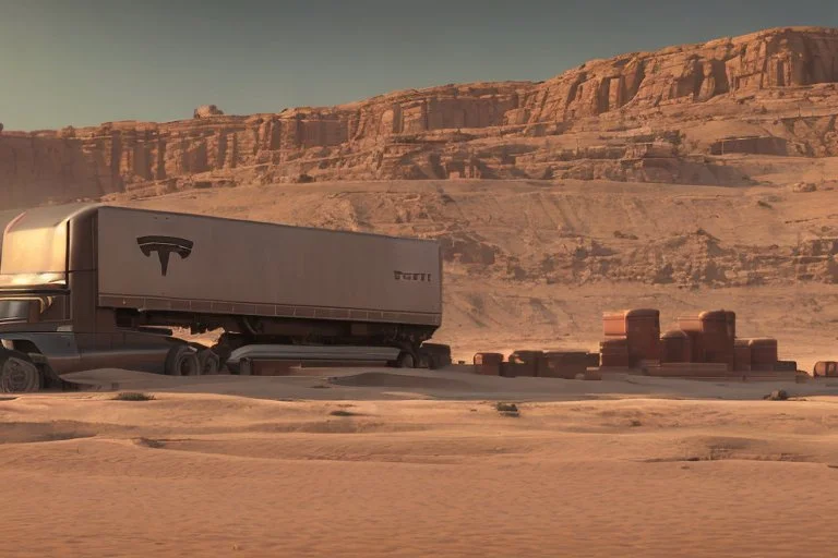 A Tesla 'Semi' (semi truck) is parked, in Mos Eisley on the planet Tatooine. (CINEMATIC, WIDE ANGLE LENS, PHOTO REAL)