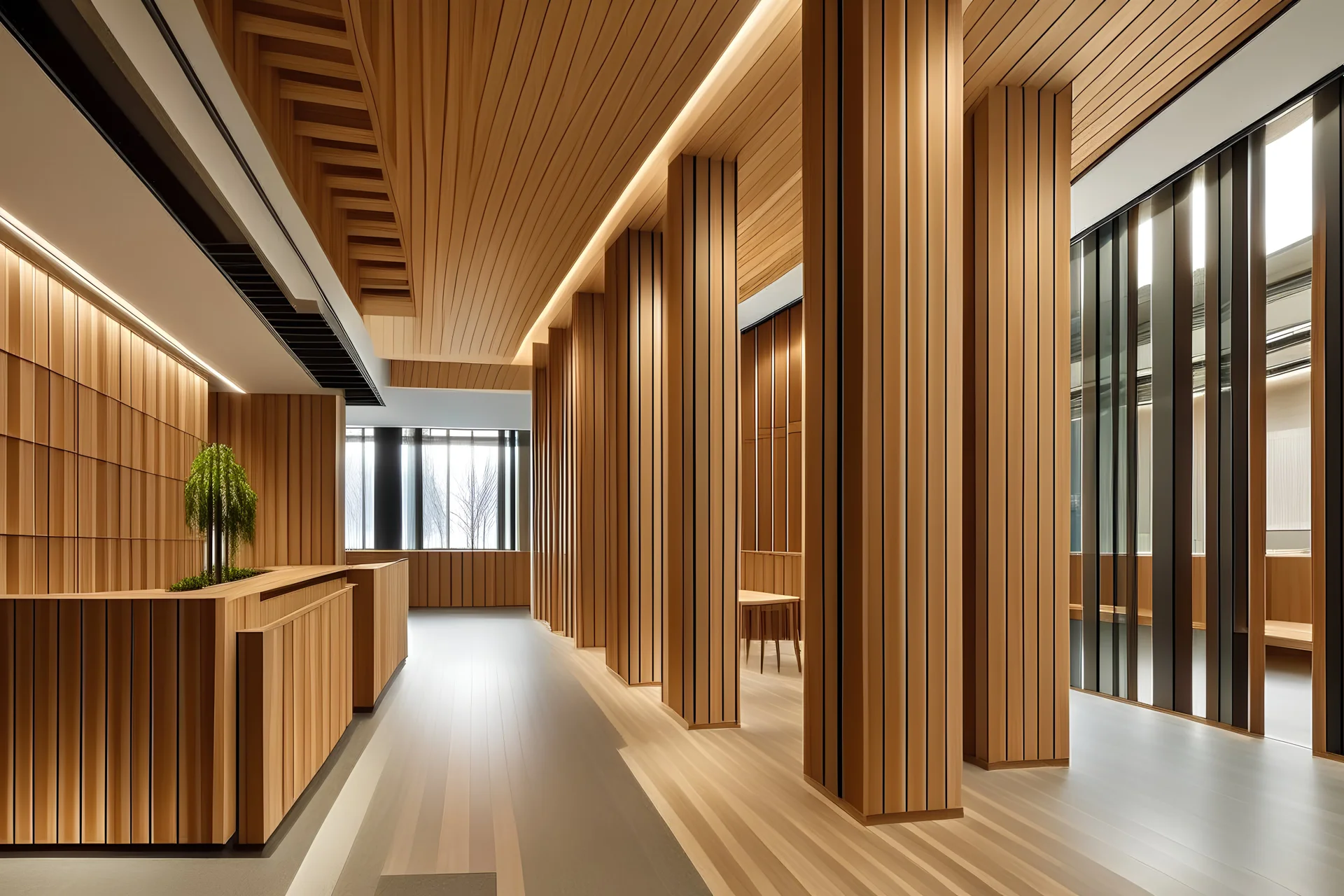 un area de toma de muestra con elementos de madera y un estilo arquitectonico minimalistico