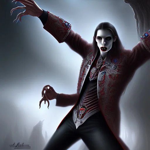 a vampire with arms outstretched viewed from the side photorealistic