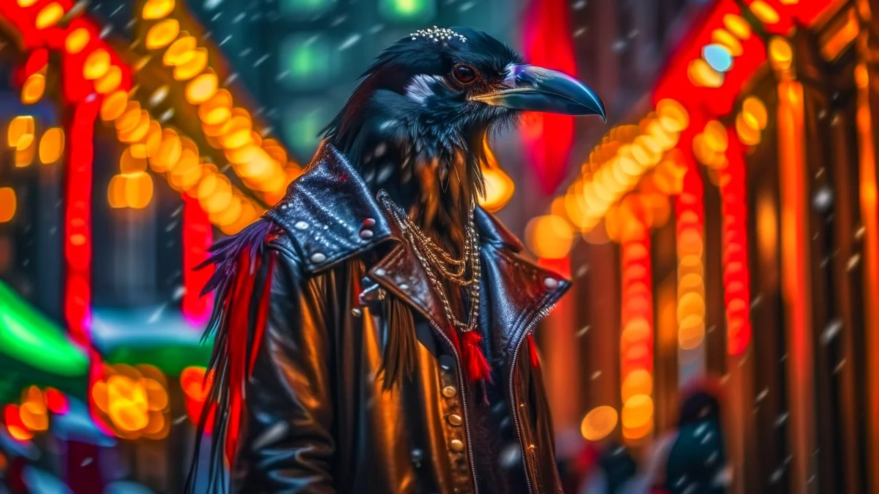 Capture a compelling image of a crow adorned in a punk leather jacket within a festive Christmas atmosphere. Embrace a photography style that accentuates the unique fusion of the edgy leather jacket and the holiday charm. Ensure the composition highlights the crow's distinct presence against the backdrop of a cheerful Christmas ambiance, creating a visually captivating scene.