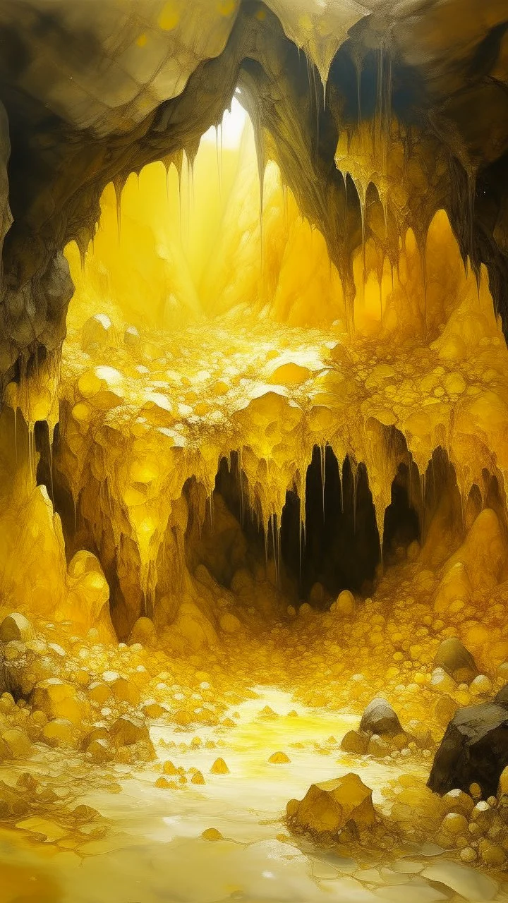 A golden yellow cave with round crystals painted by Zhang Lu