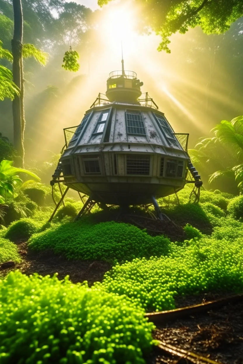 clos up on iss space station in the middle of brazilian jungle, crashlanding, depth of field, light rays, mist