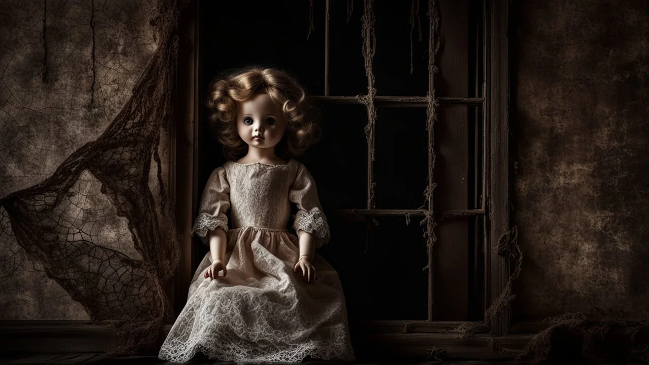 an old, dirty, worn (porcelain doll sitting in a beautiful lace dress) in a broken, dirty window, spiderweb, abandoned old room, dark surreal atmosphere, dull lights, dark colors sinister , surrealism, matte background