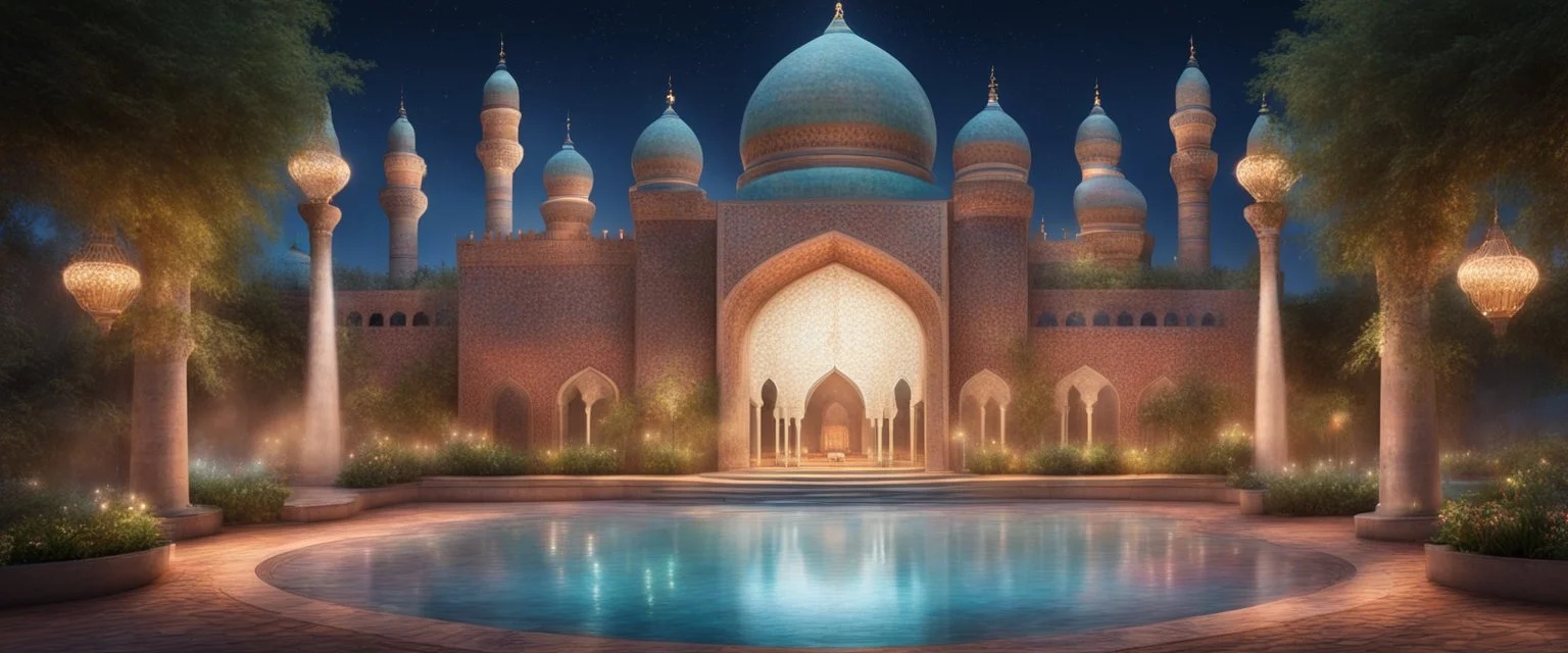 Hyper Realistic Huge multicolor rustic wall textured Mosque with beautiful fountain inside a garden at beautiful night with decorative lights