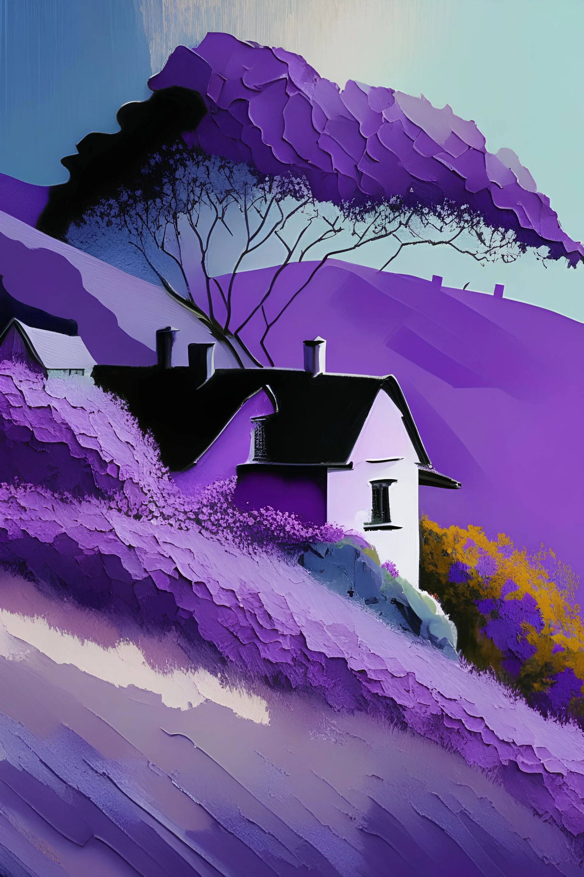 abstract paint, houses, hill, garden lilac backgrund