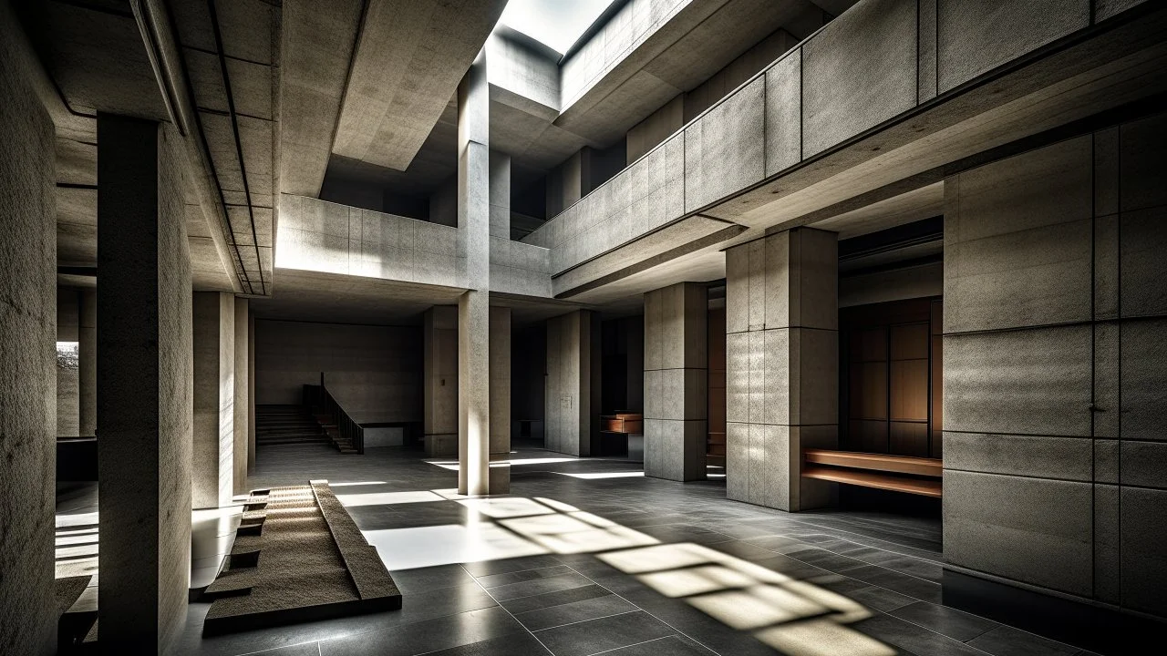 A stark, brutalist interior space constructed entirely of concrete. The composition is a complex interplay of geometric forms, with sharp angles and flat surfaces dominating the scene. Multiple levels and platforms are interconnected by staircases and walkways, creating a labyrinthine effect. Skylights and openings in the ceiling cast dramatic shafts of light and shadow, emphasizing the texture and monolithic nature of the concrete. Several doorways, recessed into the walls, lead to dark, undefi