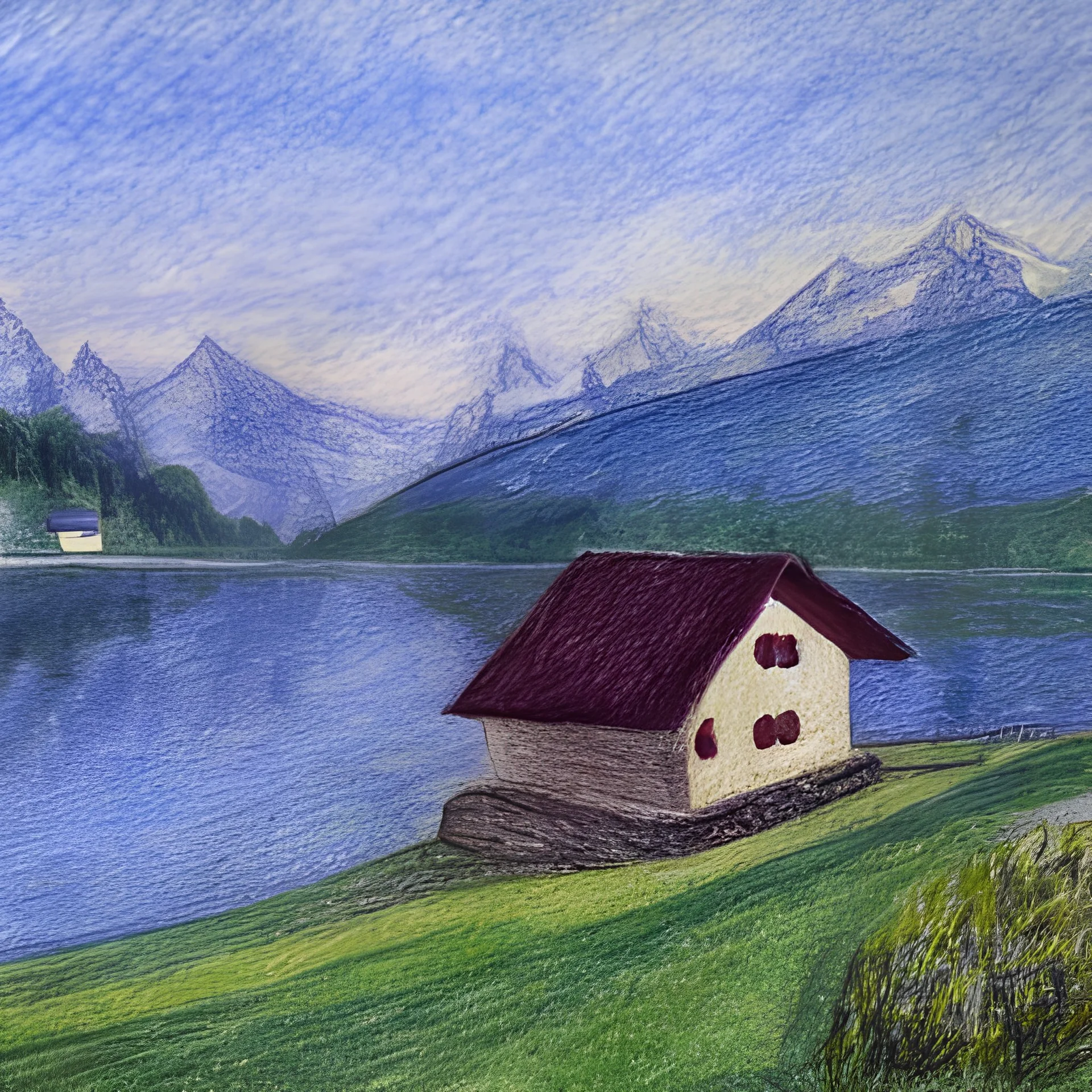 simple house in switzerland behind a lake,drawing