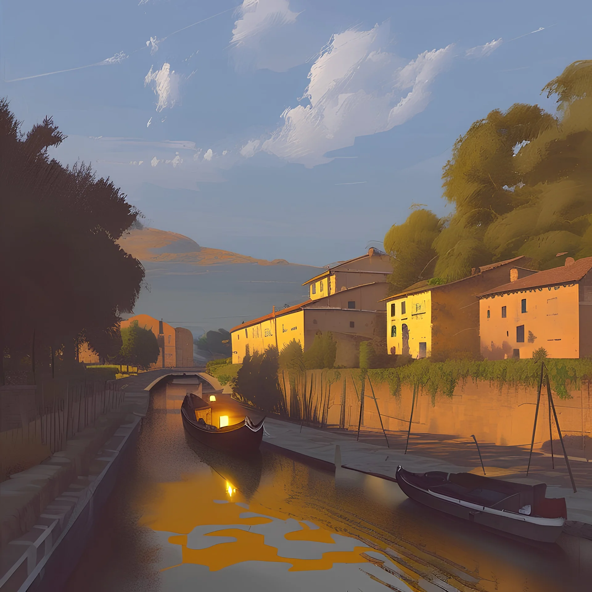 a painting of a canal with a gondola in the foreground by Guido Borelli da Caluso, pinterest, modern european ink painting, detailed painting, impressionism, outlined art