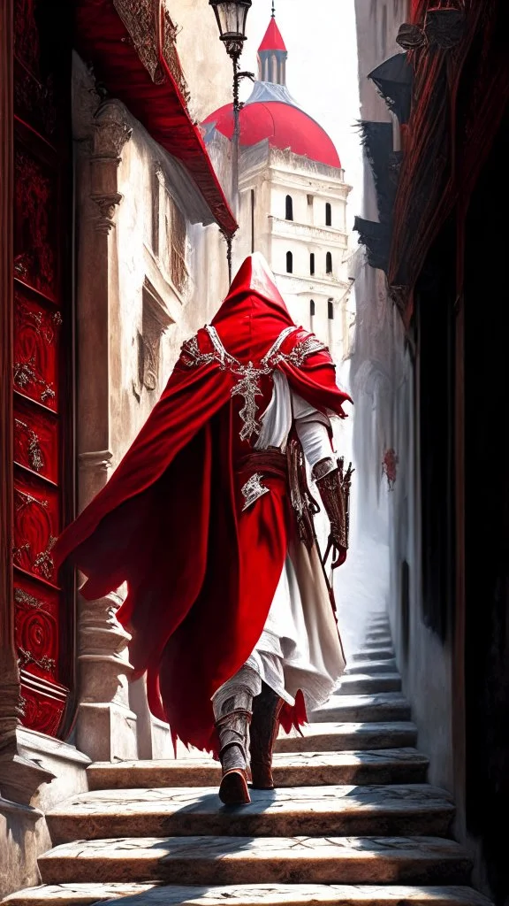 Assassin creed con dagas y espadas detalles en los pantalones en el pecho y en las botas caminando por Venezia bajando escalones capa pintura al óleo estilo renacentista hiperdetallado detalles intrincados obra de arte blanco rojo 8k