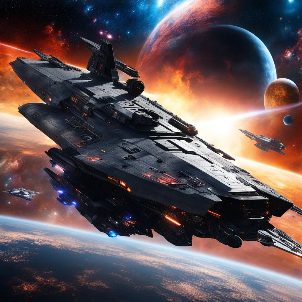 full length picture featuring an advanced and imposing futuristic spaceship warship aircraft carrier , set against a dramatic cosmic planets backdrop with vibrant nebulas and starfields. Enhance the visual impact by including dynamic lighting effects, such as glowing engines or weapon systems, and add smaller spacecrafts engaged in a high-speed chase or battle to convey a sense of action.