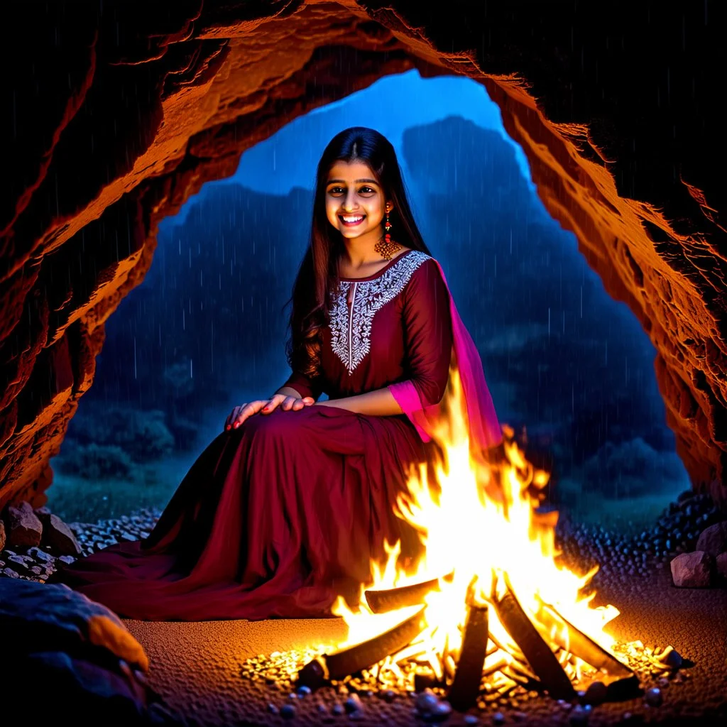 Hyper Realistic Photographic Outside View Of A Gorgeous Pashto Girl (Wearing Simple Burgundy Colored Dress With White Embroidery & Wearing Pink Dupatta On Her Neck) Happily Sitting & Smiling Boldy In A Cave With Little-Bonfire, With Heavy Rain Outside Cave With Glowing Little Crystals) Showing Dramatic & Cinematic Ambiance.