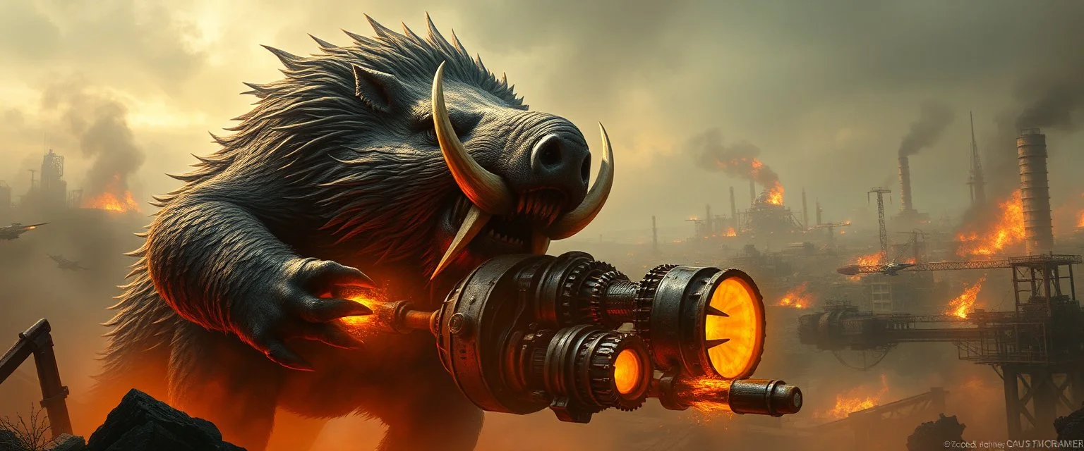 Massive boar-humanoid warlord devouring glowing alien machinery, burning cities in the distance, rusted sky, savage power, industrial jungle ruins, heavy fog, sci-fi fantasy poster, airbrushed brutalism