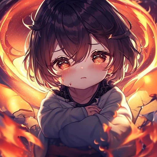 Clear focus, High resolution, {{masterpiece}}, {{ultra detailed}}, {ultra quality}, {dramatic shadows}, {cinematic lighting}, intricate expression, rough line, child, cute, in the air, hair between eyes, crying, fire