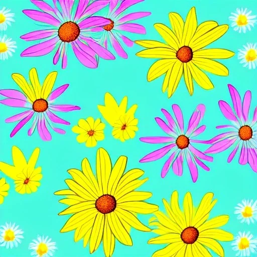 adorable illustration of bunch of daisies, digital illustration, pastel colors, plain yellow background