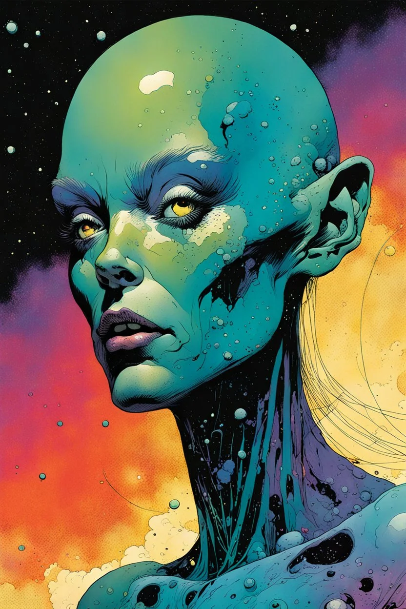 create an imaginative hybrid female extraterrestrial being with finely detailed facial features, filming the exploding chaos of a dying star, in the comic book art style of Bill Sienkiewicz, Mike Mignola, and Jean Giraud Moebius, finely textured, drawn, colored, and inked