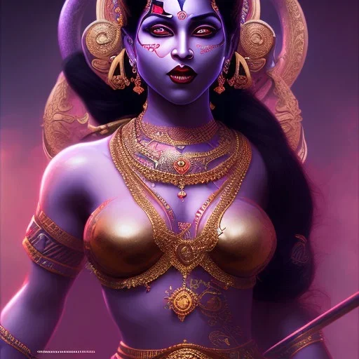 Goddess Kali in action, pitch black complexion, beautiful, svelte, stunning, chiseled face, fierce, unreal-5 engine volumetric lighting, intricate details, realistic style