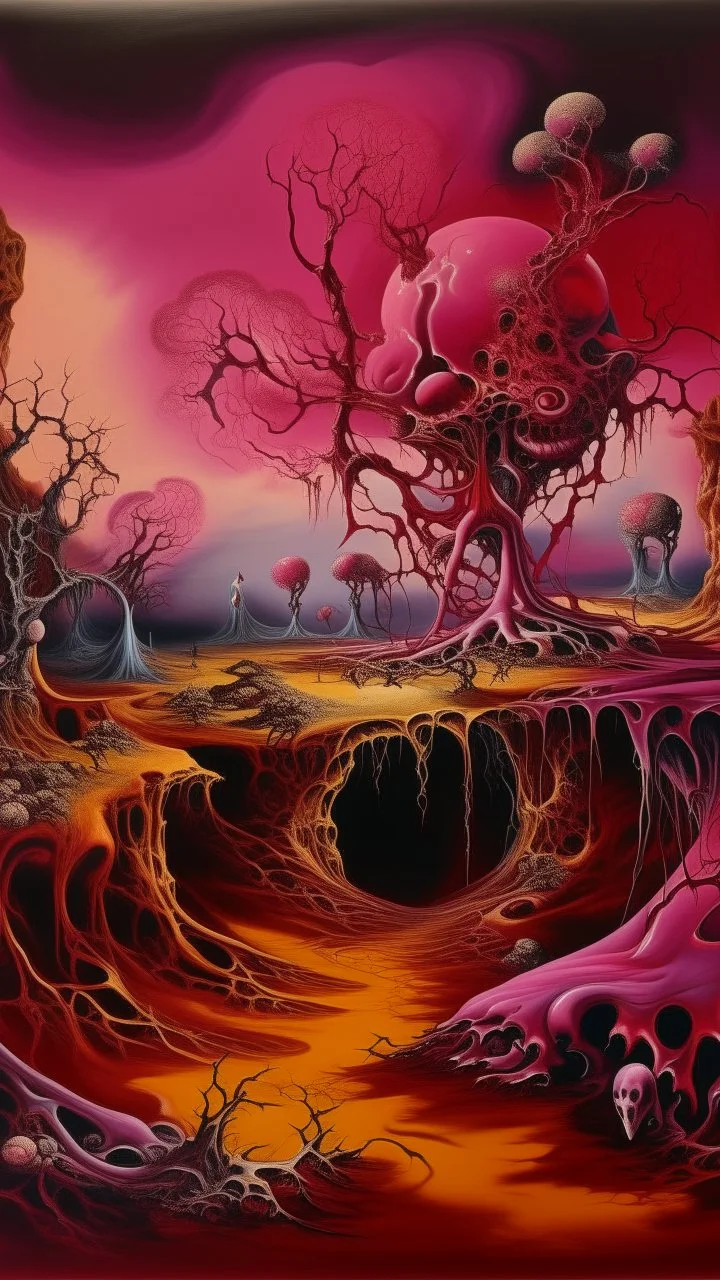 A dark magenta psychedelic realm with brains painted by Salvador Dali