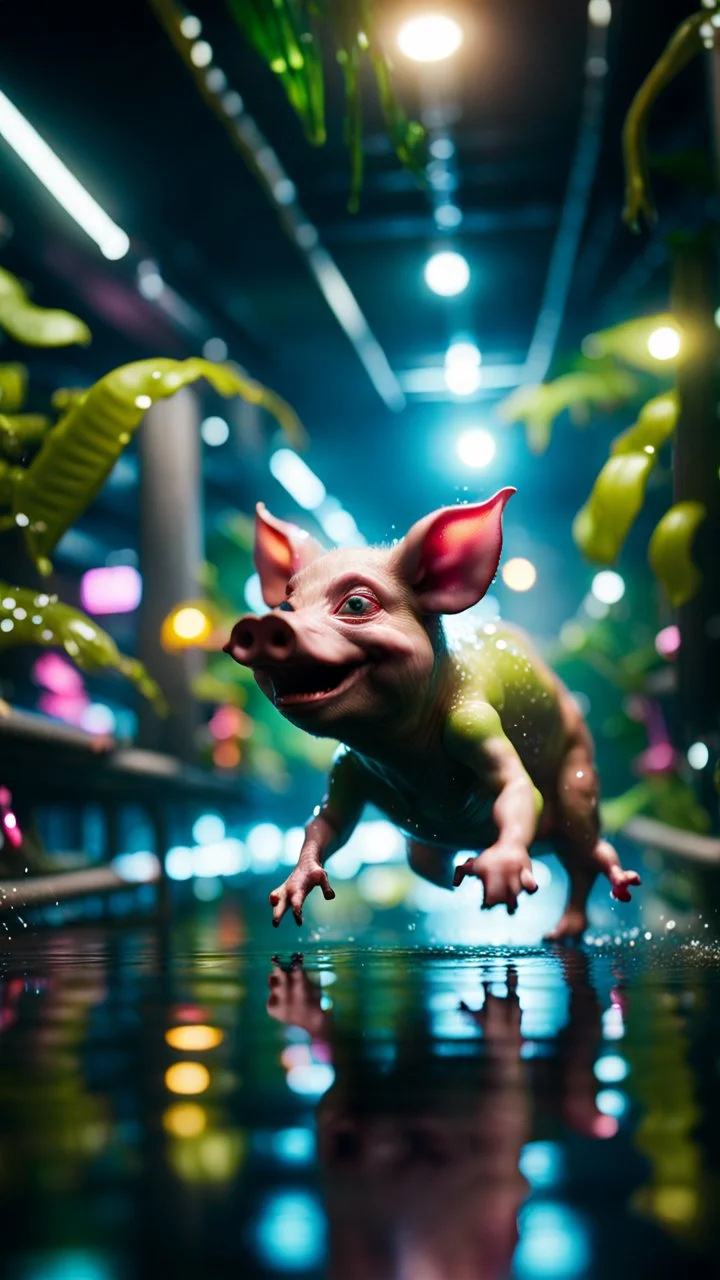 alien pig gremlin diving in water slide in the middle of crazy dance moves dancing on buss parked in dark lit reflective wet jungle hall tunnel,bokeh like f/0.8, tilt-shift lens 8k, high detail, smooth render, down-light, unreal engine, prize winning