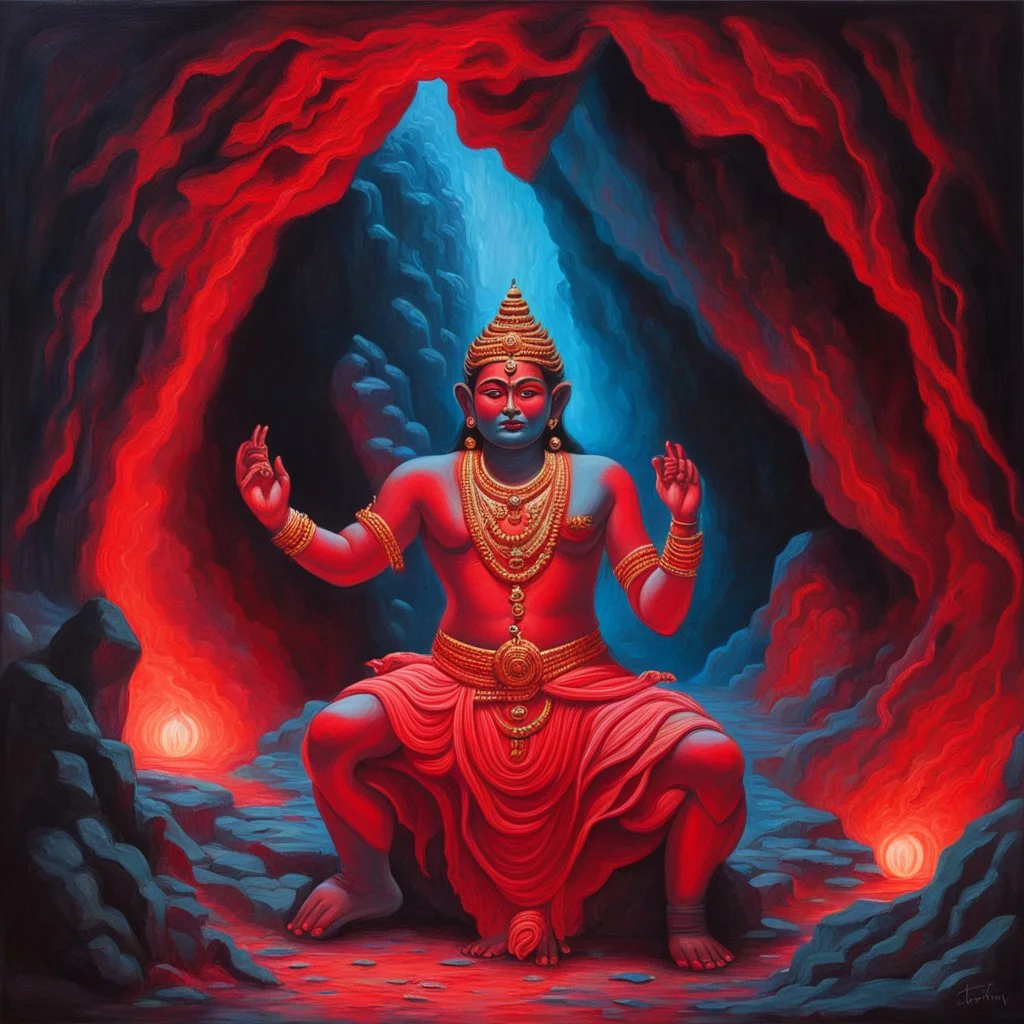 An oil painting of Hindu god YAMA in a cave, neon red colors, high detail, dark vibe