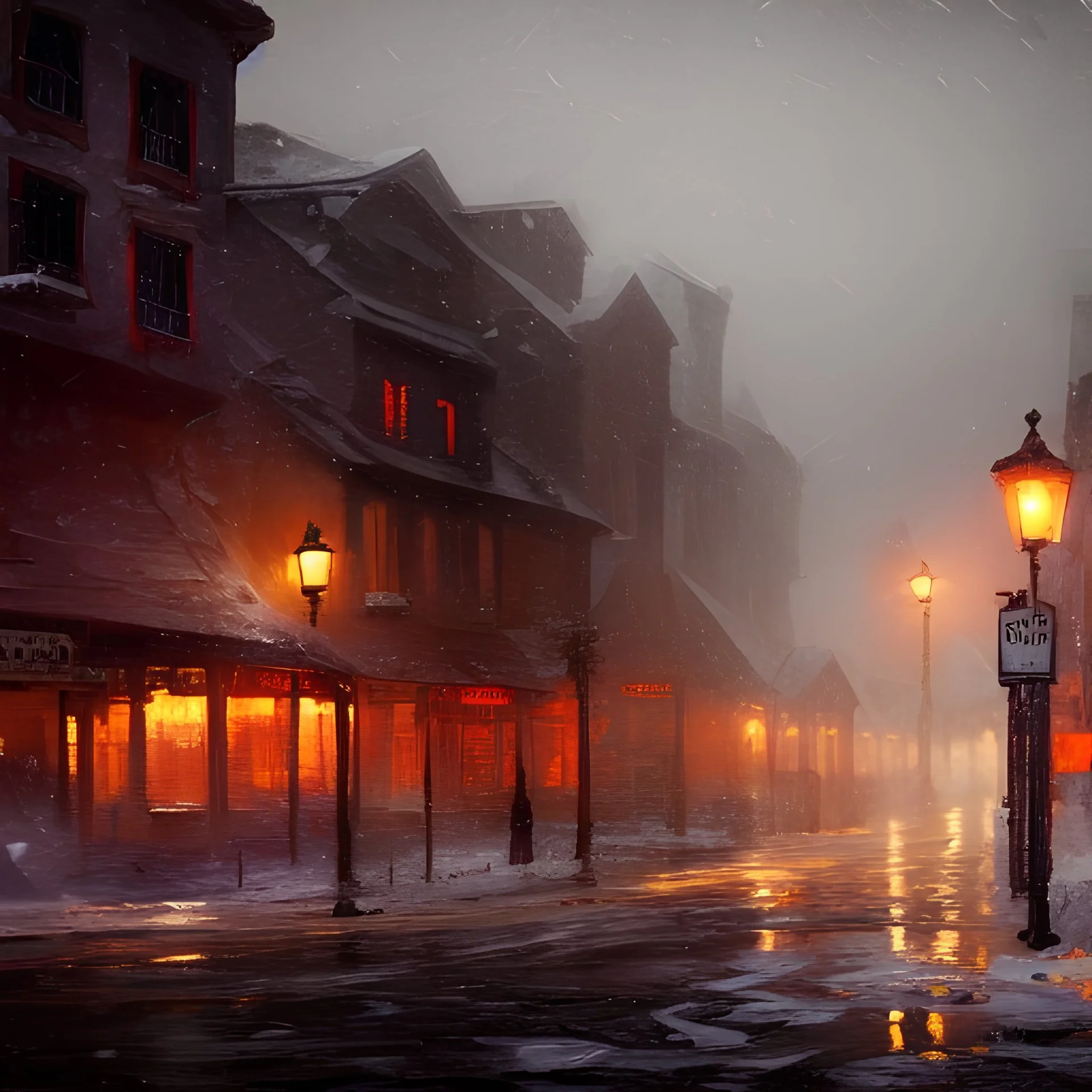 an old western town, intrcately detailed, heavy snow, eerie, sharp focus, illustration, octane render, 8k, dramatic lighting, post-processing, ambient lighting, Leonid Afremov, Bastien Lecouffe-Deharme, alena aenami