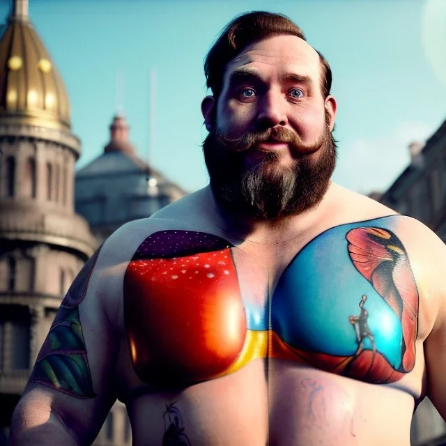 Ultra realistic circus scene. Classic Naked strongman, waist up view, old school tattoo, Wes Anderson style, happy, bubbles, butterflys, highly detailed, concept art, unreal engine 5, god rays, ray tracing, RTX, lumen lighting, ultra detail, volumetric lighting, 3d, finely drawn, high definition, high resolution.