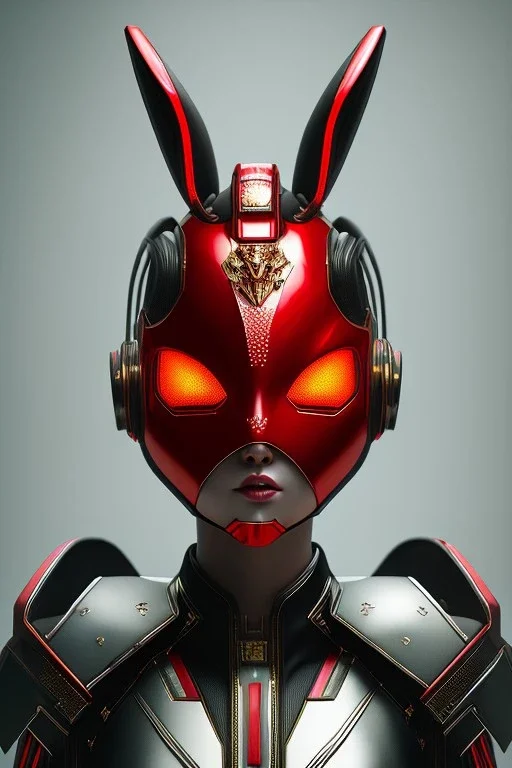 Portrait Sweet Rabbit ceramic mask, punk, red suit, cyberpunk, photo studio, black background, unreal engine 5, concept art, ray tracing, lumen lighting, ultra detail, volumetric lighting, 3d.