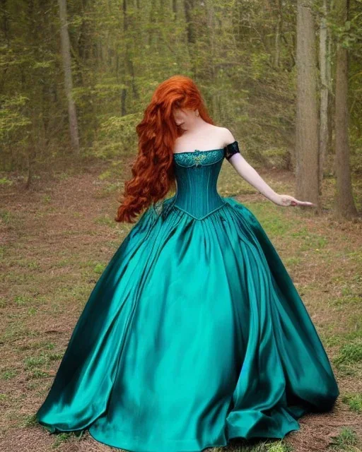 Magic princess with long auburn hair in a big teal green and gold satin ballgown corset off shoulder top casting magic