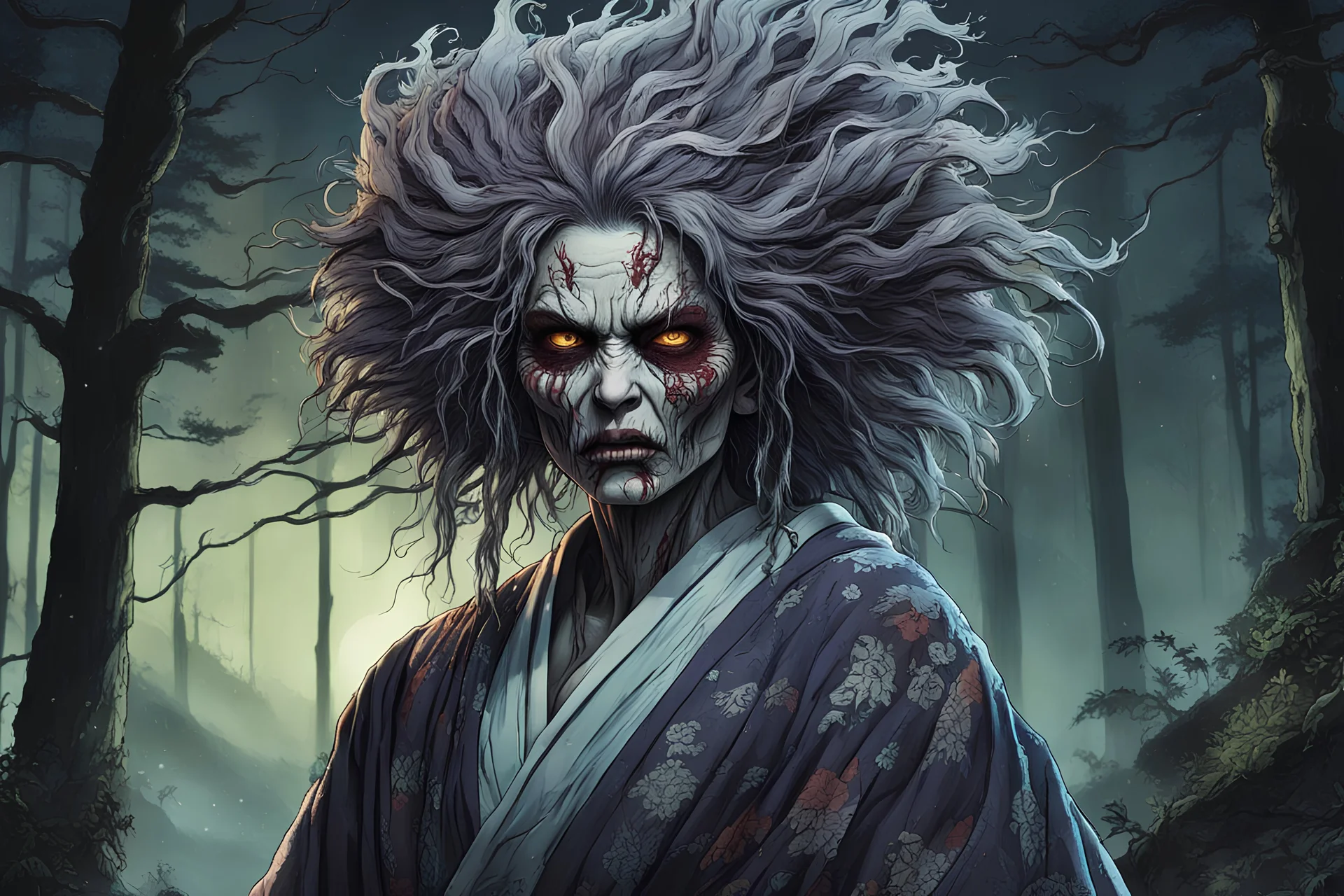 full color front facing portrait of a malevolent female Yama Uba witch in a torn and ragged kimono with highly detailed shaggy hair , aged emaciated, and withered facial features, in a haunted mountain forest, pierced by shafts of moonlight , 8k , finely detailed and precise line work, soft natural Spring colors