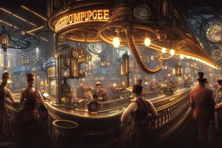 an intricately detailed digital illustration of a steampunk metropolitan city - scape inside of a steampunk double bacon cheeseburger, ultra realistic, concept art, intricate details, eerie, highly detailed, photorealistic, octane render, 8k, unreal engine. art by artgerm and greg rutkowski and charlie bowater and magali villeneuve and alphonse mucha