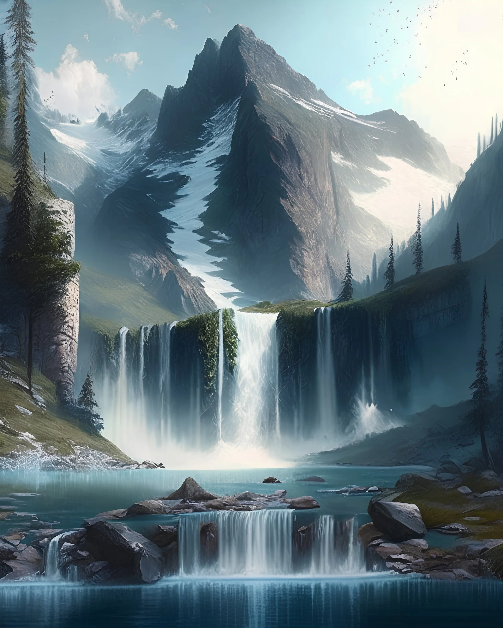 A serene mountain landscape with a crystal-clear lake and cascading waterfall