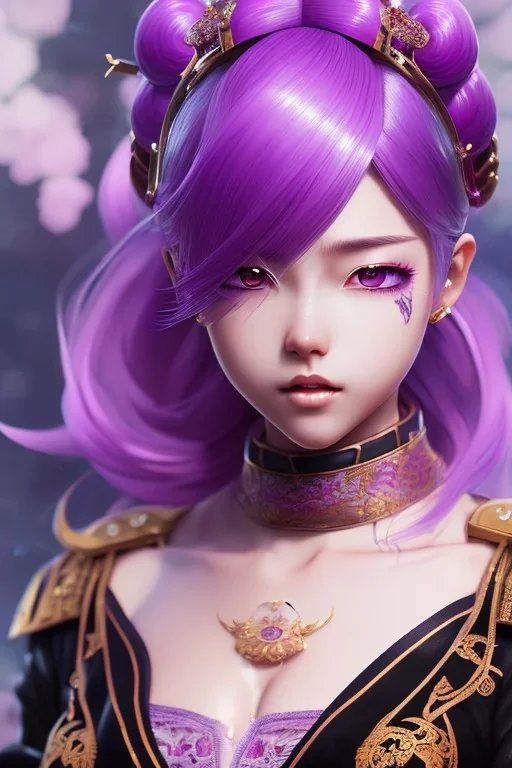 Detailed cute anime Kunoichi girl, purple hair buns, purple bangs, latex bodysuit, intricate details, full body portrait, keep head in frame, slight smile, black Japanese motif, concept art, highly detailed, digital painting, concept art, sharp focus, illustration, art by Yoji Shinkawa, WLOP and greg rutkowski and alphonse mucha and artgerm and yanjun Chen and Junji ito and Makoto Shinkai, HDR, octane render