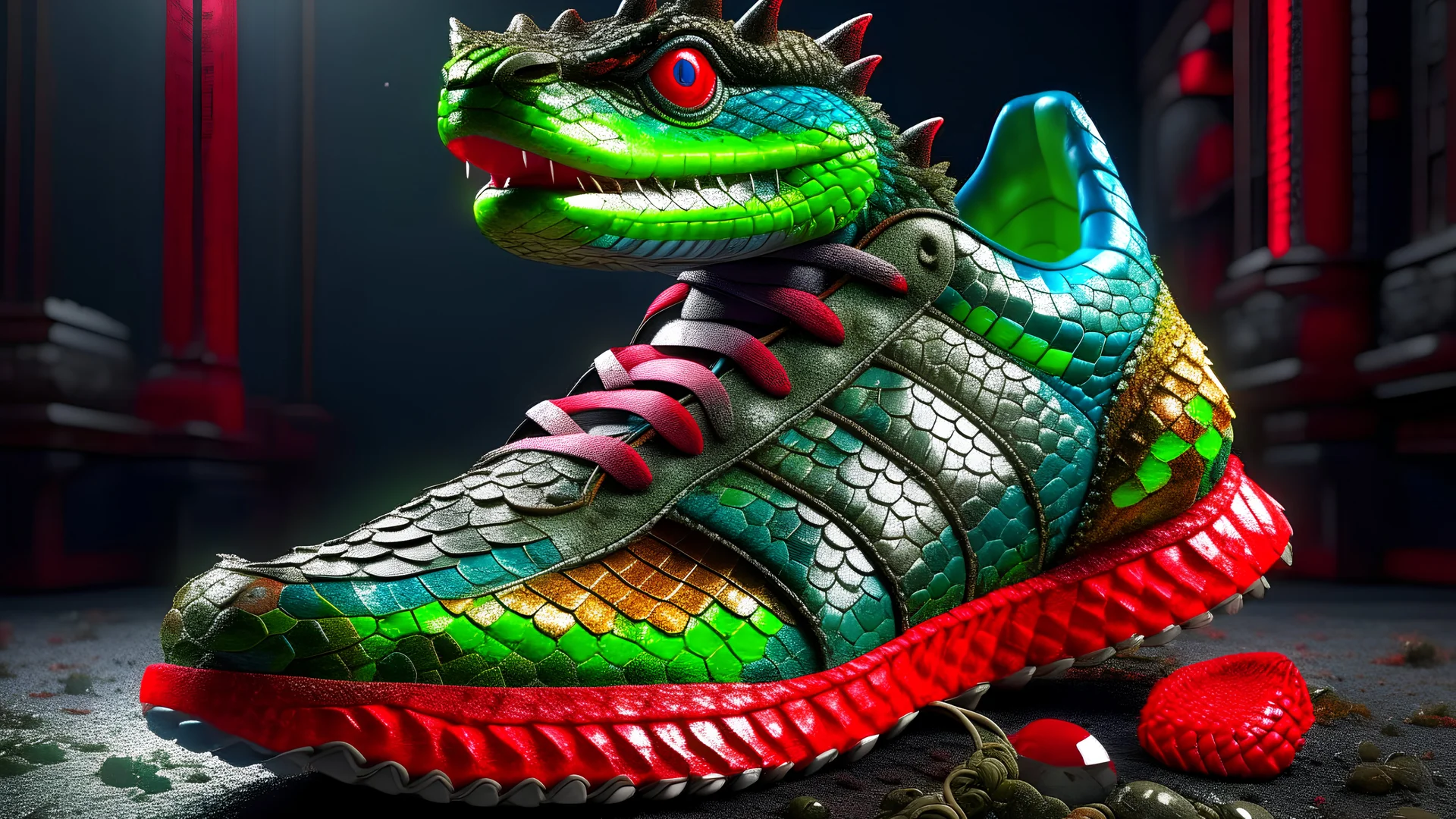 Photoreal gorgeous dragon-shaped nikes by lee jeffries, 8k, high detail, smooth render, unreal engine 5, cinema 4d, HDR, dust effect, vivid colors