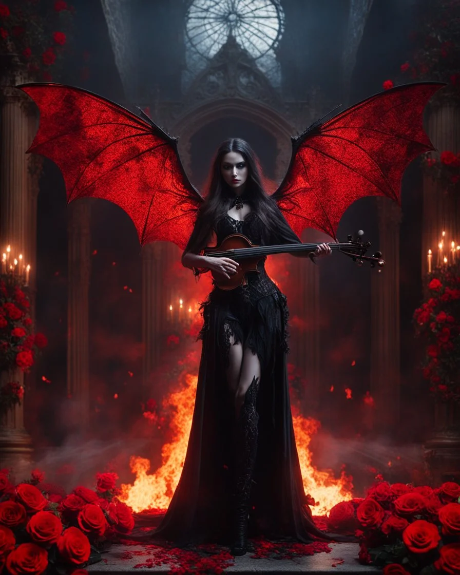 The Violinist bat vampire,Full a length image Body fire flames Horror cinematography realistic Full body,creepy Vampire ghost woman long hair straddle up bat wings as violinist she on playing violin heavy metal style,she standing on creepy,in night mystery burning palace vampire,red roses flowers and bats sorrounded background,dramatic angle, trypophobia