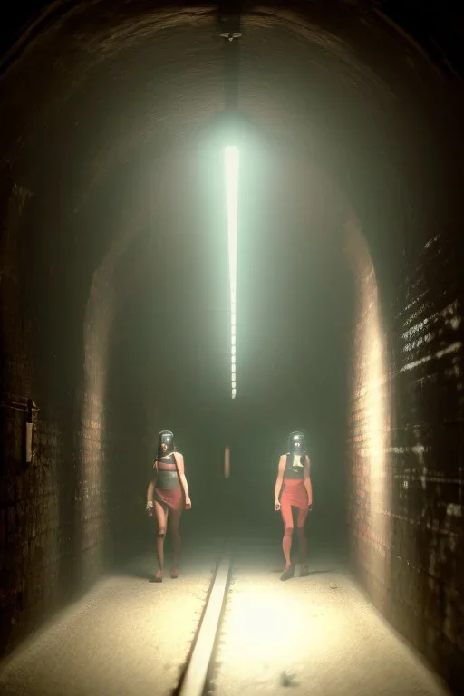 Two women with flashlights exploring a dark old subway tunnel revealing the shadow of a monster