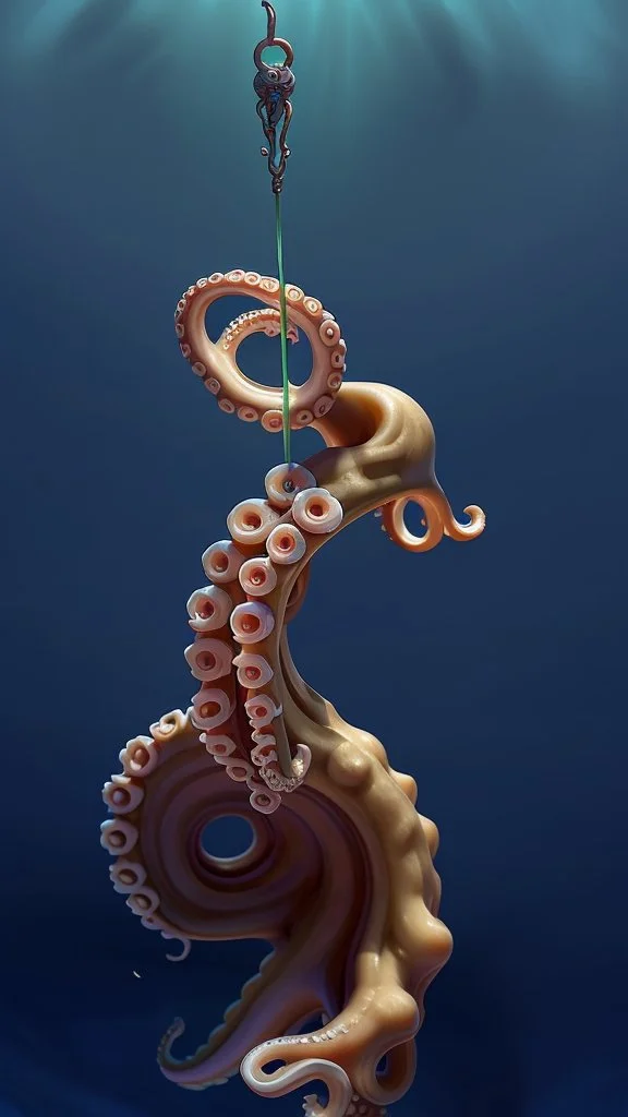 An octopus tentacle reaching out from the depths, holding an ancient key, flickering with light. It may be dark all around, but the key itself is bright and clear.