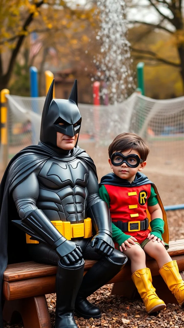 Batman and robin sitting in See saw In children playground