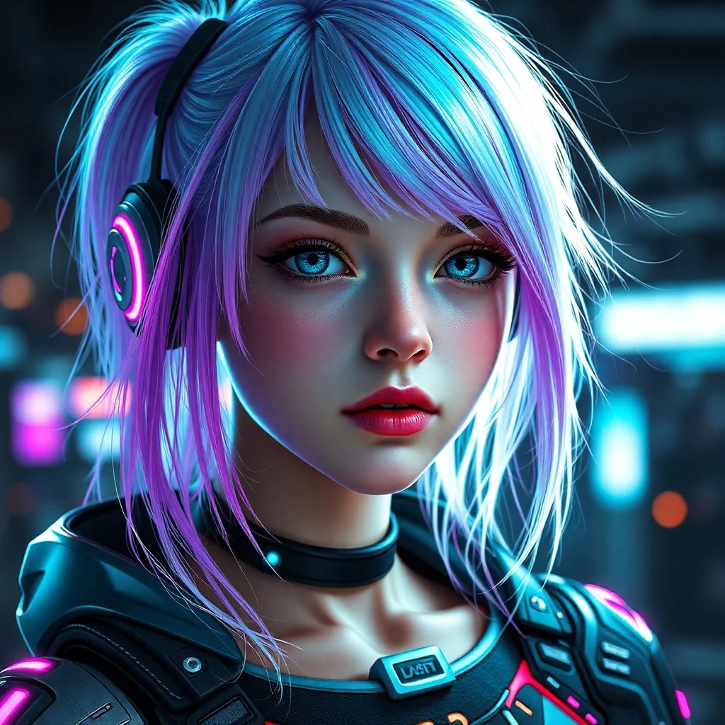a pretty cyberpunk girl, cyborg, bright hair, young, futuristic, dystopia