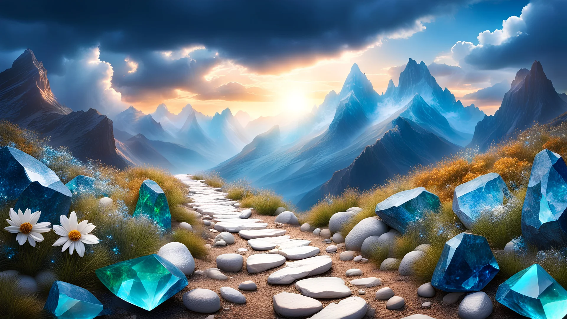 splendido sentiero di montagna tempestato di topazi smeraldi pietre preziose luccicanti con paesaggio floreale cristalli azzurri e bianchi sole nascente cielo azzurro